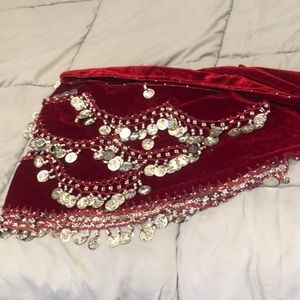 Red velvet belly dance coin belt hip scarf